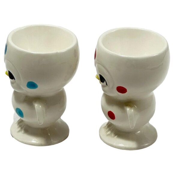 Chick Anthropomorphic Bird Egg Cup Polka Dot Lot 2 White Blue Red Vintage 60s - Picture 8 of 10